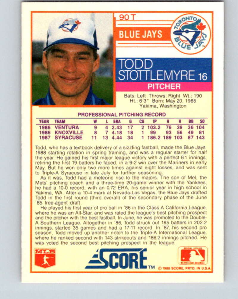 1988 Score Rookie and Traded #90T Todd Stottlemyre Mint RC Rookie Toronto Blue Jays Image 2