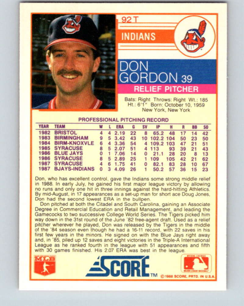 1988 Score Rookie and Traded #92T Don Gordon Mint RC Rookie Cleveland Indians Image 2