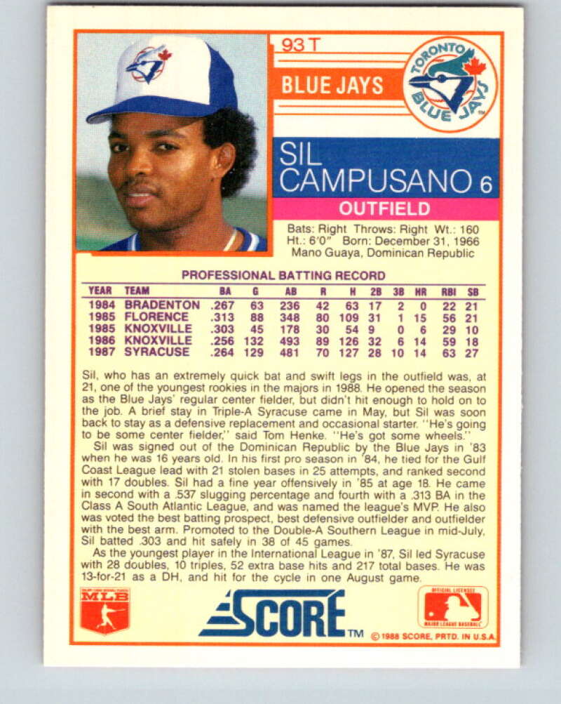 1988 Score Rookie and Traded #93T Sil Campusano Mint RC Rookie Toronto Blue Jays Image 2