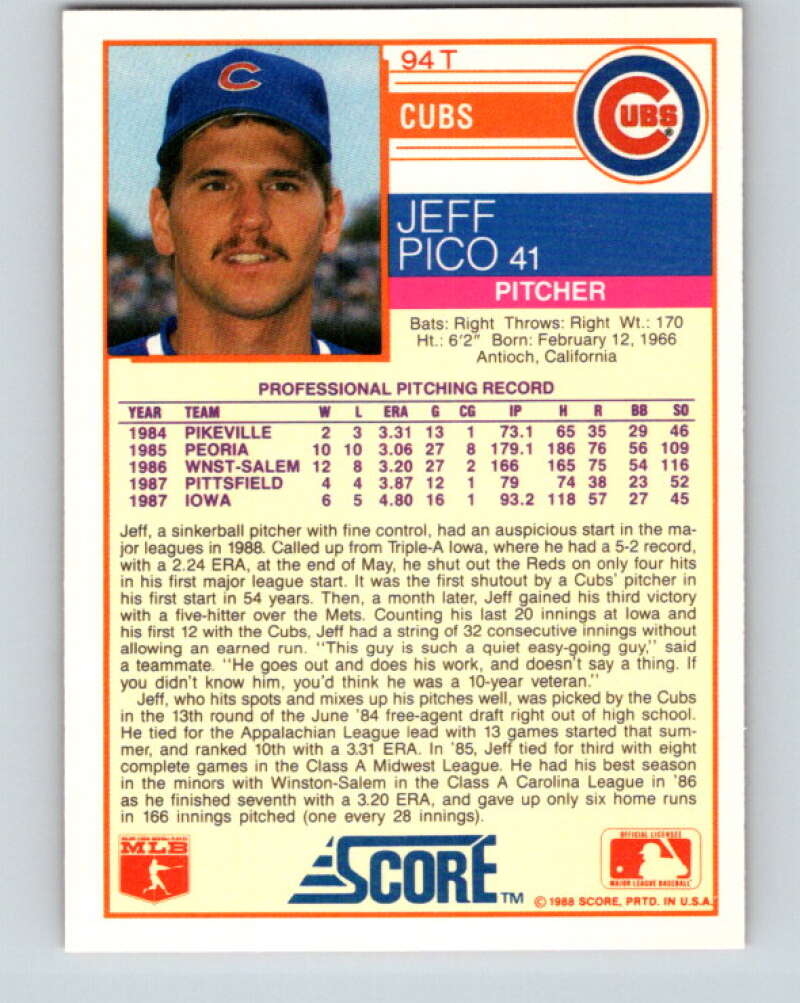 1988 Score Rookie and Traded #94T Jeff Pico Mint RC Rookie Chicago Cubs Image 2