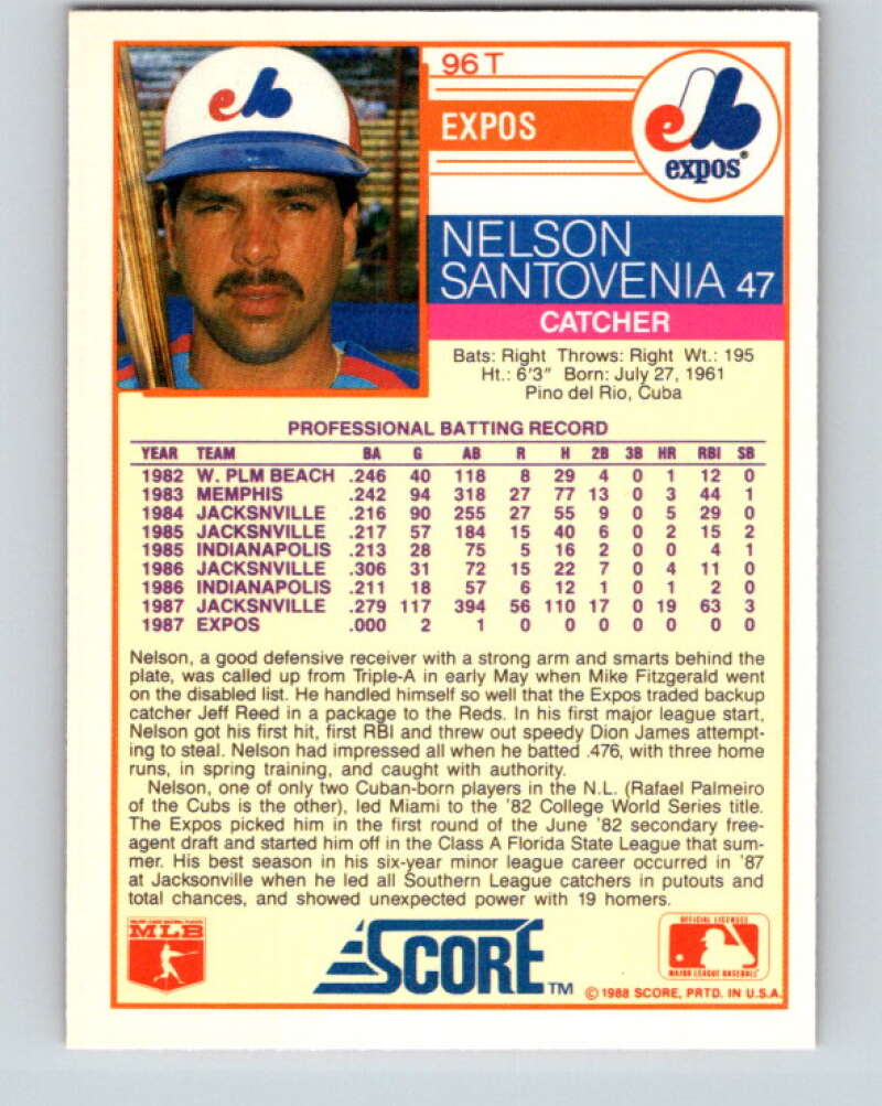 1988 Score Rookie and Traded #96T Nelson Santovenia Mint RC Rookie Montreal Expos Image 2