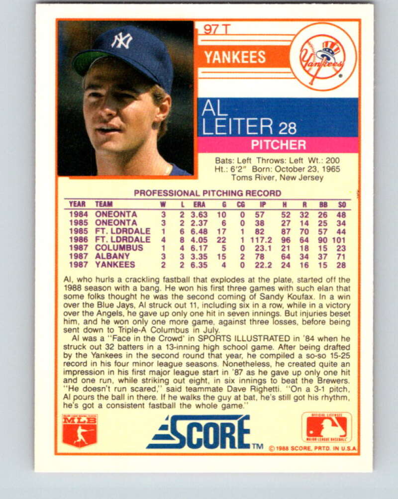 1988 Score Rookie and Traded #97T Al Leiter Mint RC Rookie New York Yankees Image 2