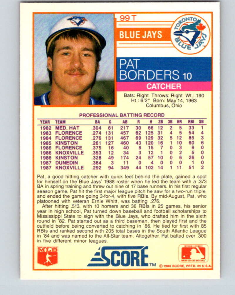 1988 Score Rookie and Traded #99T Pat Borders Mint RC Rookie Toronto Blue Jays Image 2