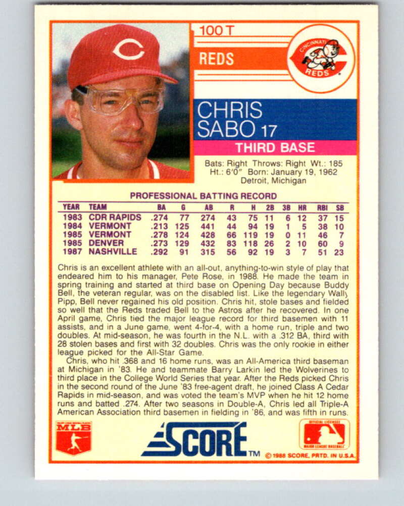 1988 Score Rookie and Traded #100T Chris Sabo Mint RC Rookie Cincinnati Reds