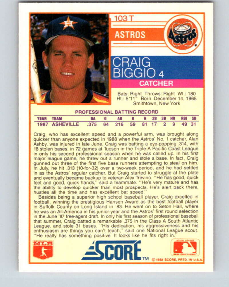 1988 Score Rookie and Traded #103T Craig Biggio Mint RC Rookie Houston Astros