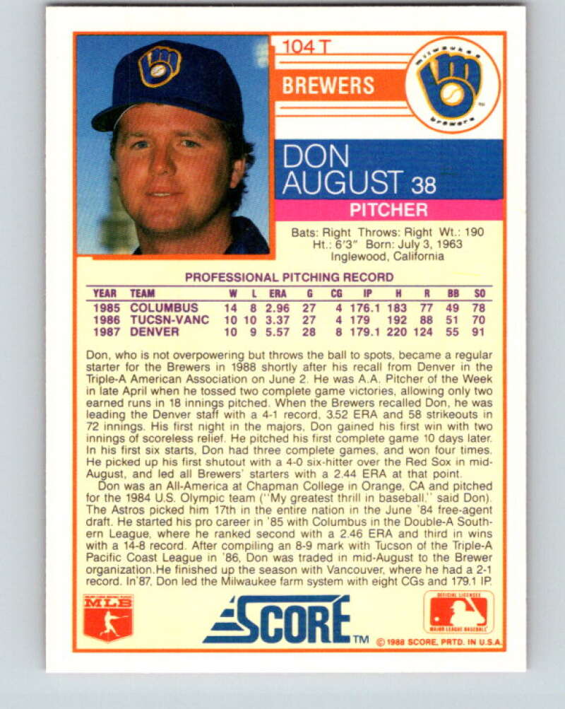 1988 Score Rookie and Traded #104T Don August Mint Milwaukee Brewers Image 2