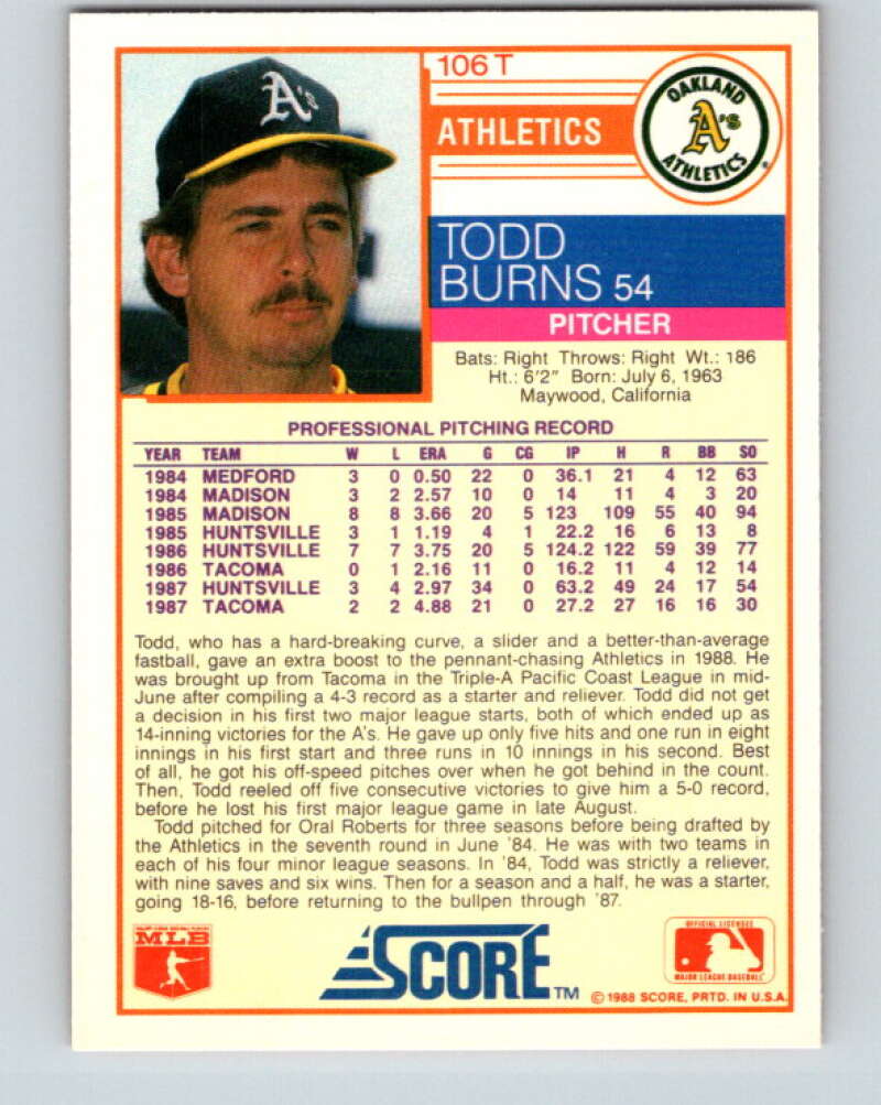 1988 Score Rookie and Traded #106T Todd Burns Mint RC Rookie Oakland Athletics Image 2