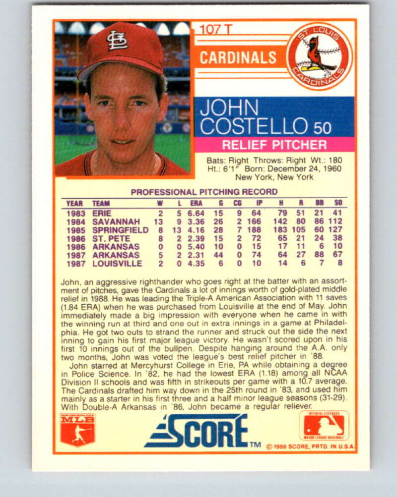 1988 Score Rookie and Traded #107T John Costello Mint RC Rookie St. Louis Cardinals Image 2