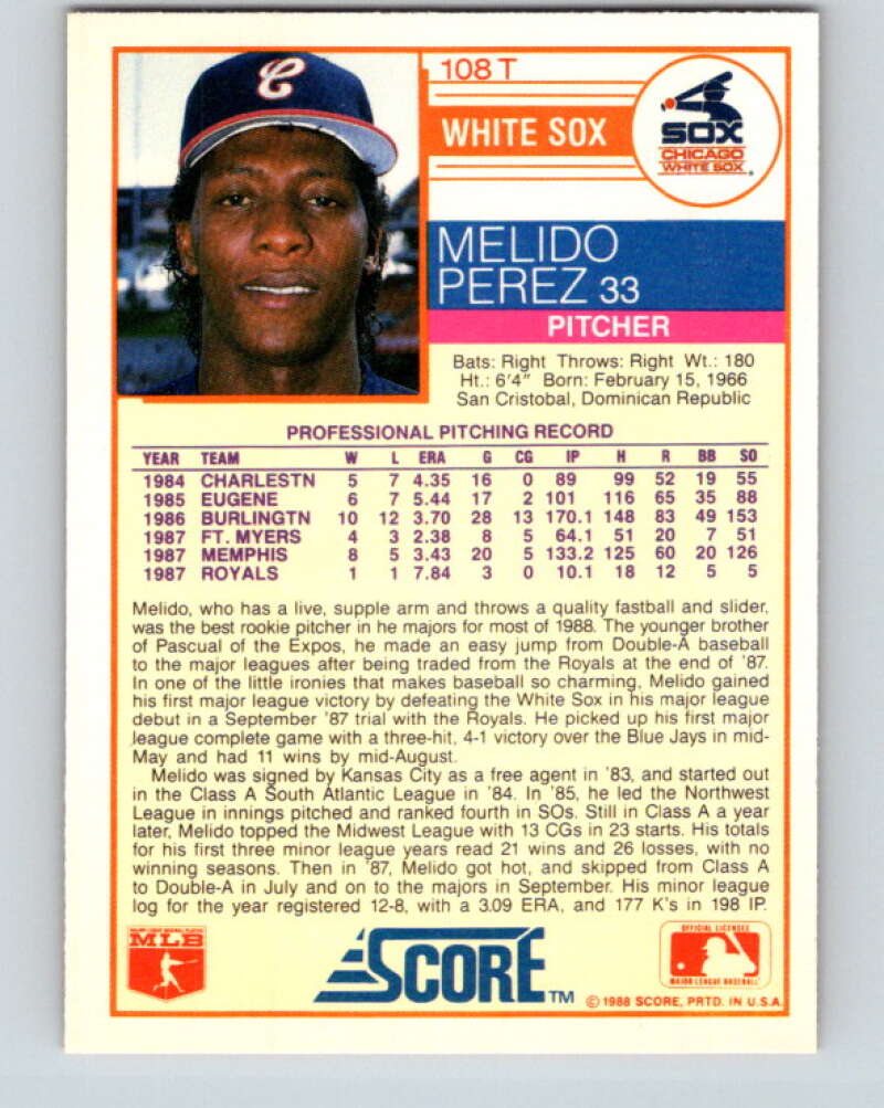 1988 Score Rookie and Traded #108T Melido Perez Mint RC Rookie Chicago White Sox Image 2