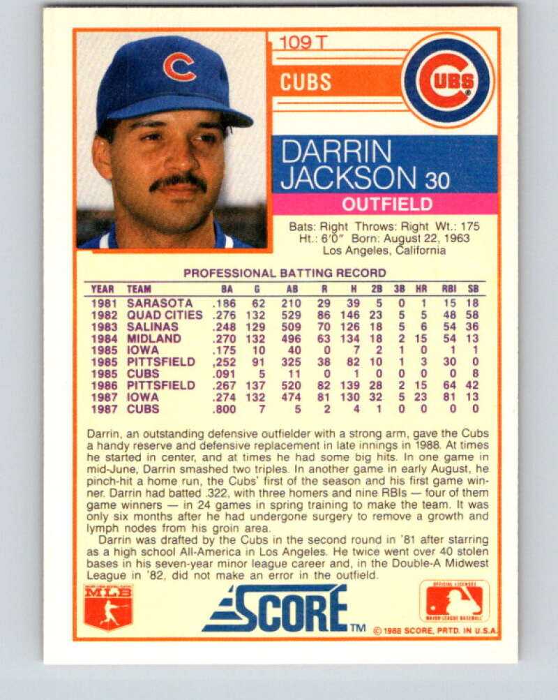1988 Score Rookie and Traded #109T Darrin Jackson Mint RC Rookie Chicago Cubs Image 2