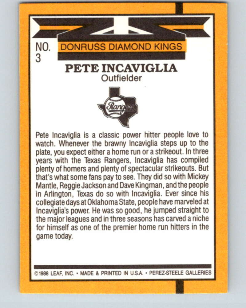 1989 Donruss #3 Pete Incaviglia DK Mint Texas Rangers Image 2