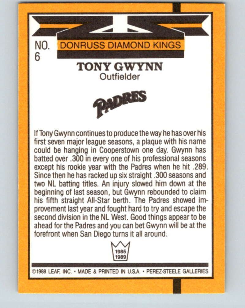 1989 Donruss #6 Tony Gwynn DK DP Mint San Diego Padres Image 2