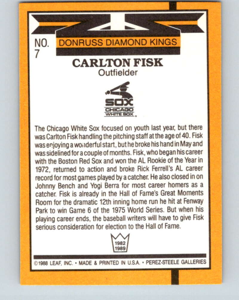 1989 Donruss #7 Carlton Fisk DK UER Mint Chicago White Sox Image 2
