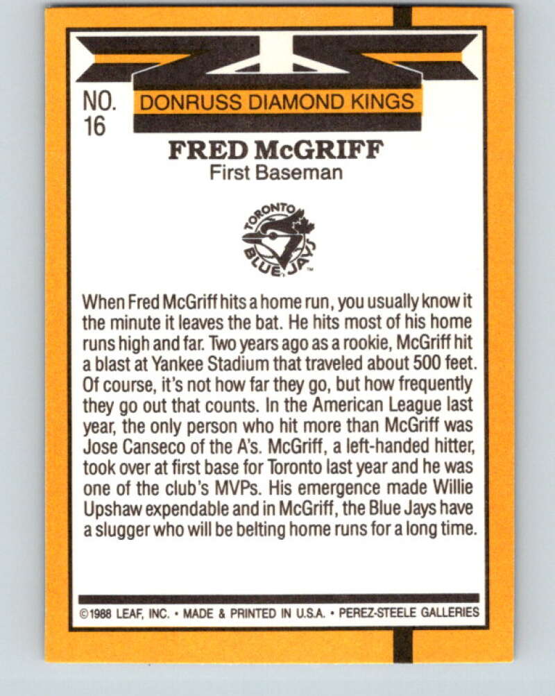 1989 Donruss #16 Fred McGriff DK Mint Toronto Blue Jays Image 2