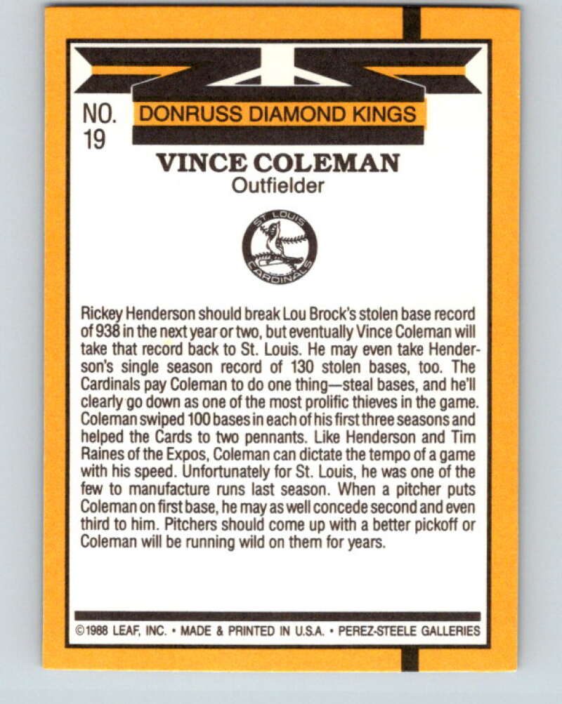 1989 Donruss #19 Vince Coleman DK DP Mint St. Louis Cardinals Image 2