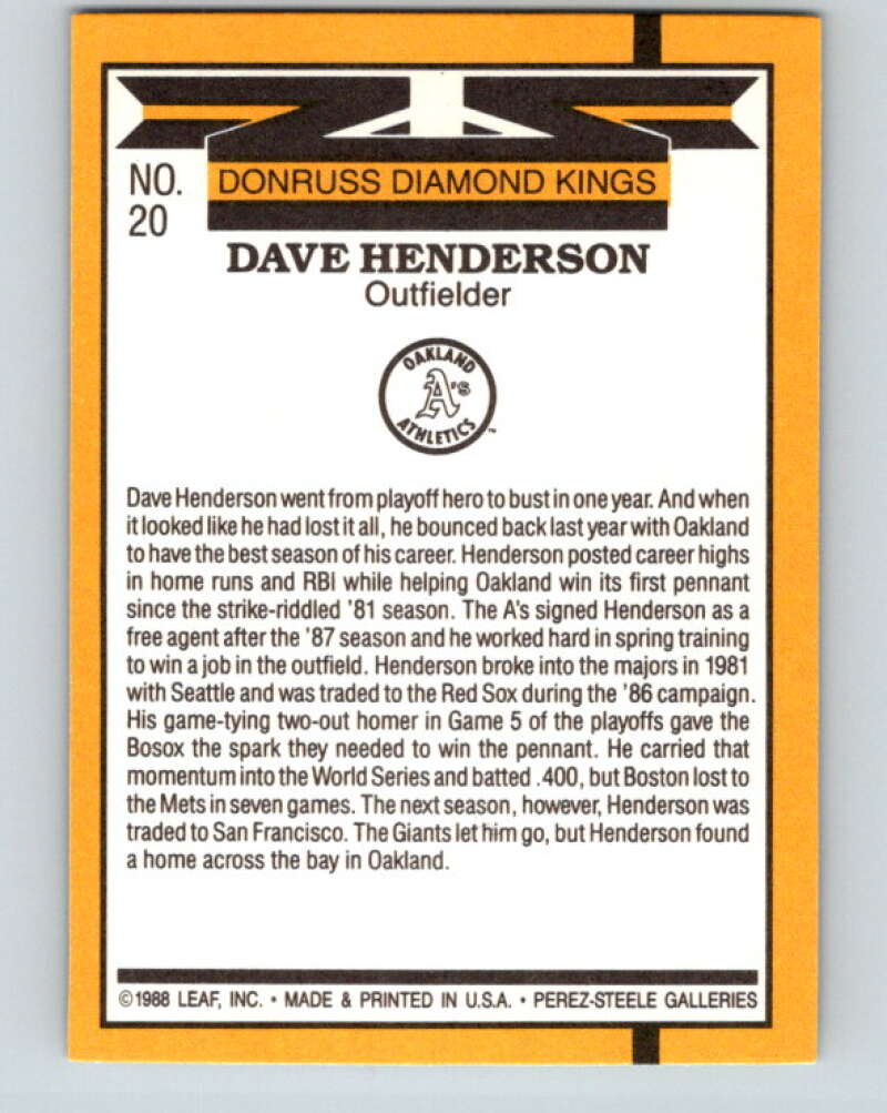 1989 Donruss #20 Dave Henderson DK Mint Oakland Athletics Image 2