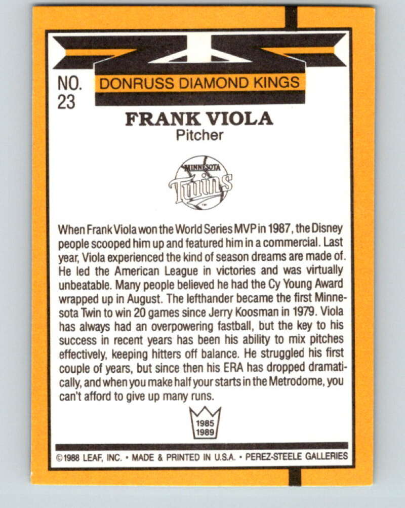 1989 Donruss #23 Frank Viola DK Mint Minnesota Twins Image 2