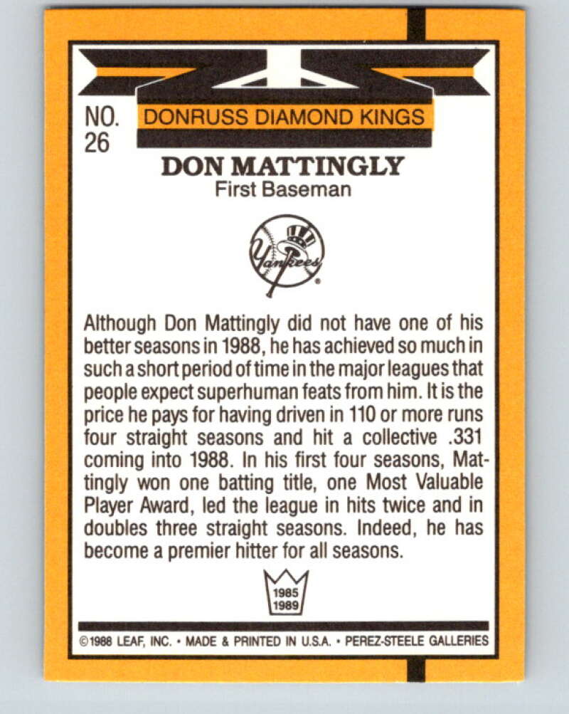 1989 Donruss #26 Don Mattingly DK Mint New York Yankees Image 2