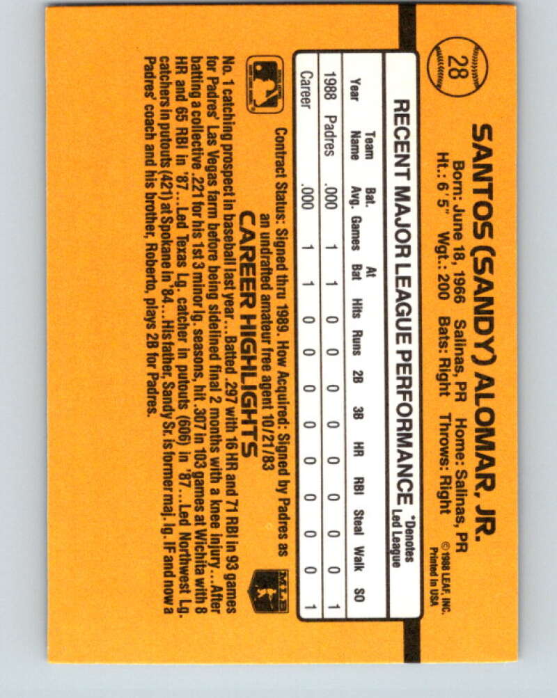 1989 Donruss #28 Sandy Alomar Jr. RR/ Mint RC Rookie San Diego Padres