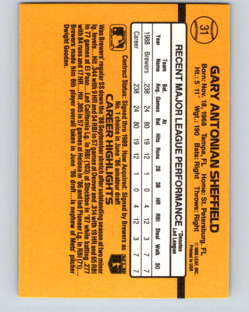 1989 Donruss #31 Gary Sheffield/ Mint RC Rookie Milwaukee Brewers