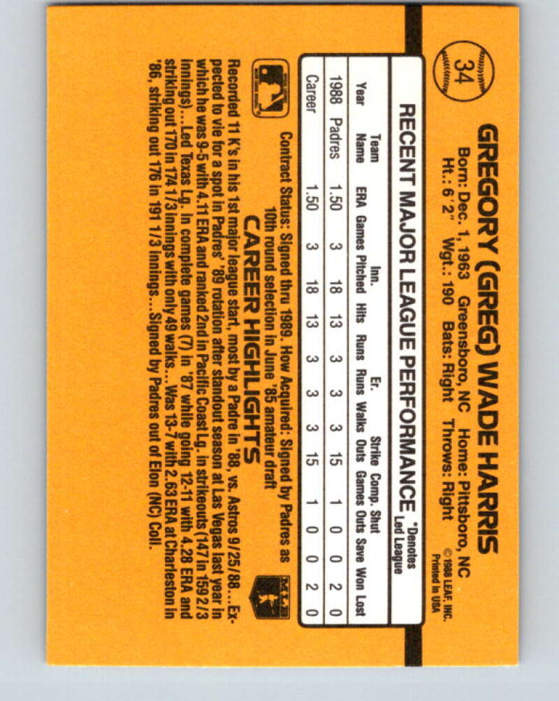 1989 Donruss #34 Greg Harris/ Mint RC Rookie San Diego Padres