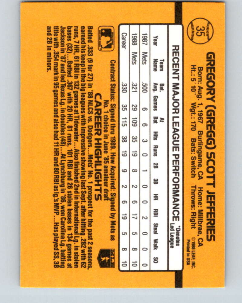 1989 Donruss #35 Gregg Jefferies Mint New York Mets Image 2