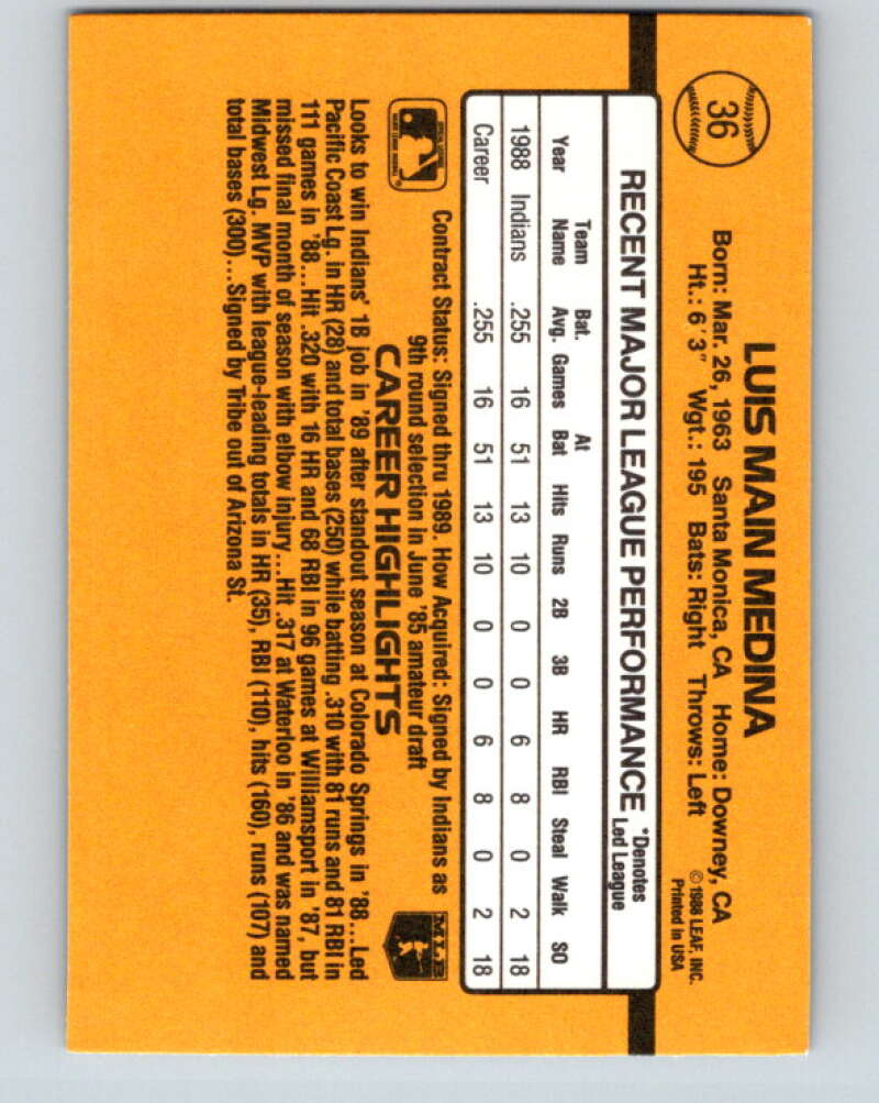1989 Donruss #36 Luis Medina RR/ Mint RC Rookie Cleveland Indians Image 2