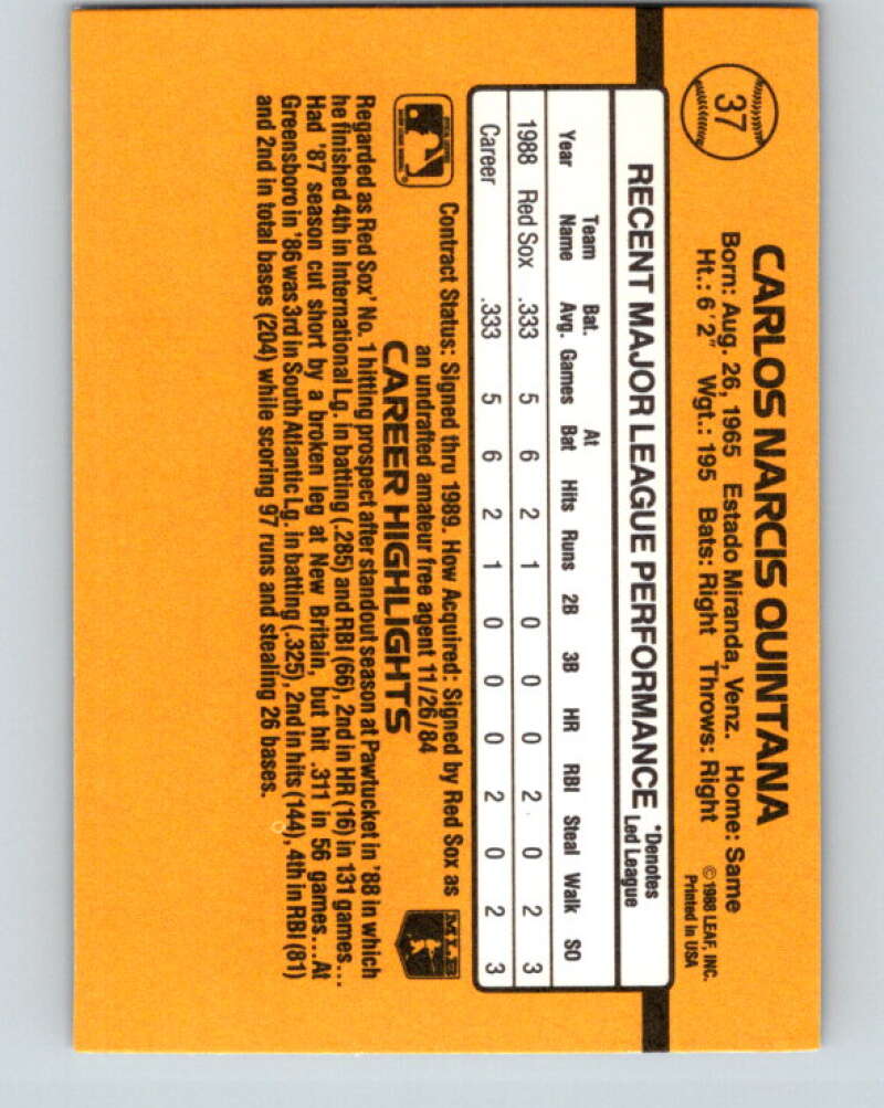 1989 Donruss #37 Carlos Quintana/ Mint RC Rookie Boston Red Sox Image 2