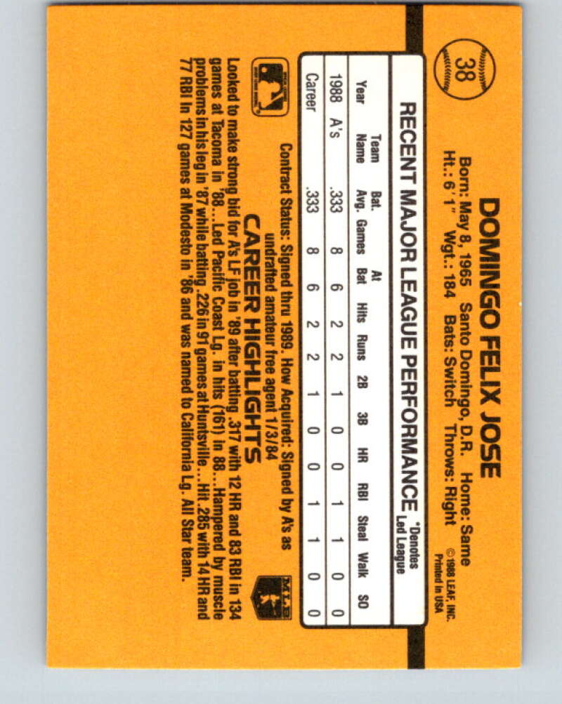 1989 Donruss #38 Felix Jose/ Mint RC Rookie Oakland Athletics