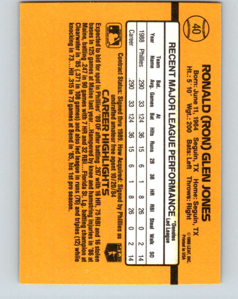 1989 Donruss #40 Ron Jones Mint RC Rookie Philadelphia Phillies Image 2