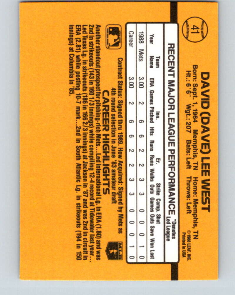 1989 Donruss #41 David West/ Mint RC Rookie New York Mets