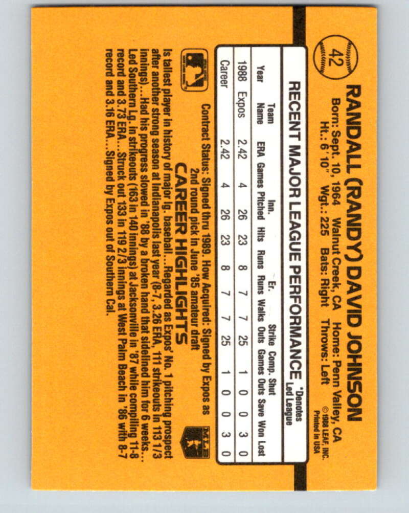 1989 Donruss #42 Randy Johnson/ Mint RC Rookie Montreal Expos Image 2
