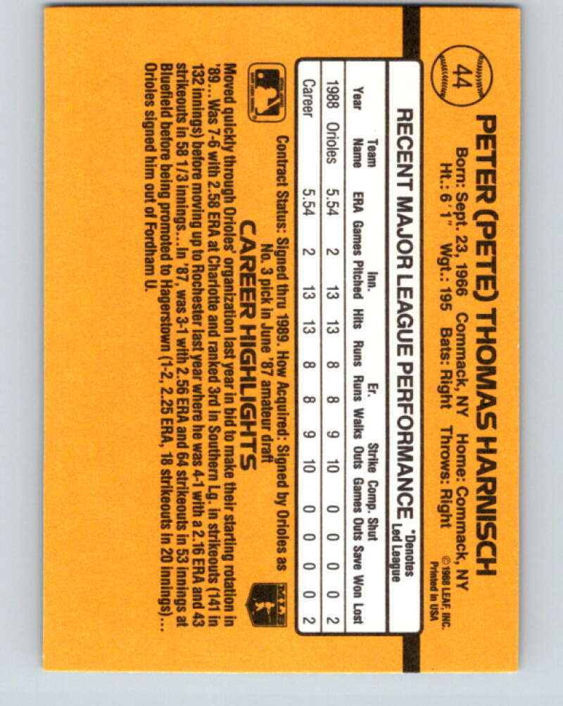 1989 Donruss #44 Pete Harnisch/ Mint RC Rookie Baltimore Orioles Image 2