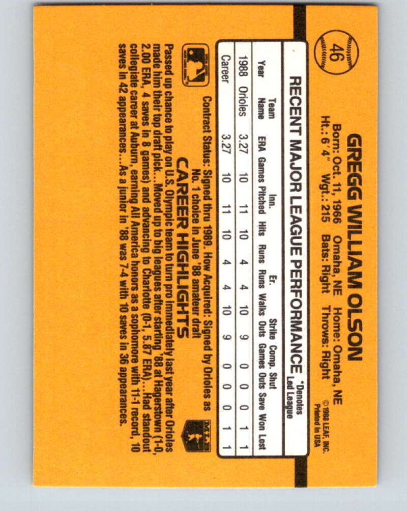 1989 Donruss #46 Gregg Olson/ DP Mint RC Rookie Baltimore Orioles Image 2
