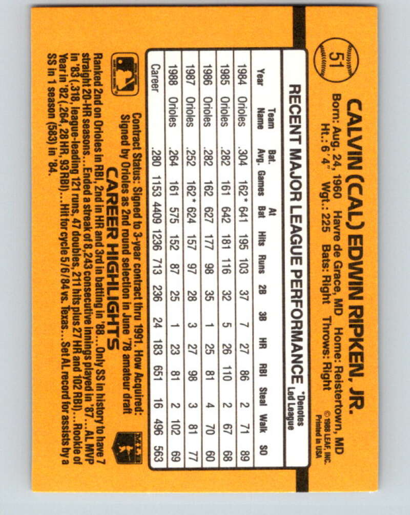 1989 Donruss #51 Cal Ripken Jr. Mint Baltimore Orioles Image 2