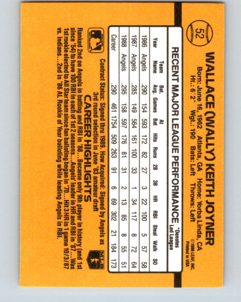 1989 Donruss #52 Wally Joyner Mint California Angels Image 2