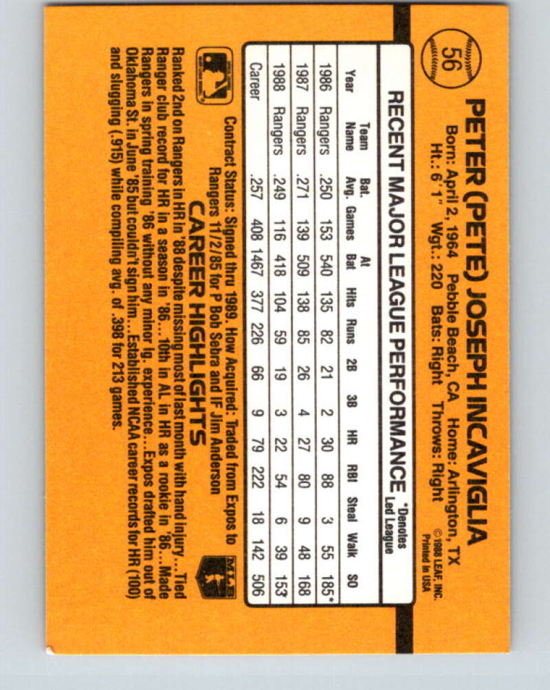 1989 Donruss #56 Pete Incaviglia Mint Texas Rangers Image 2