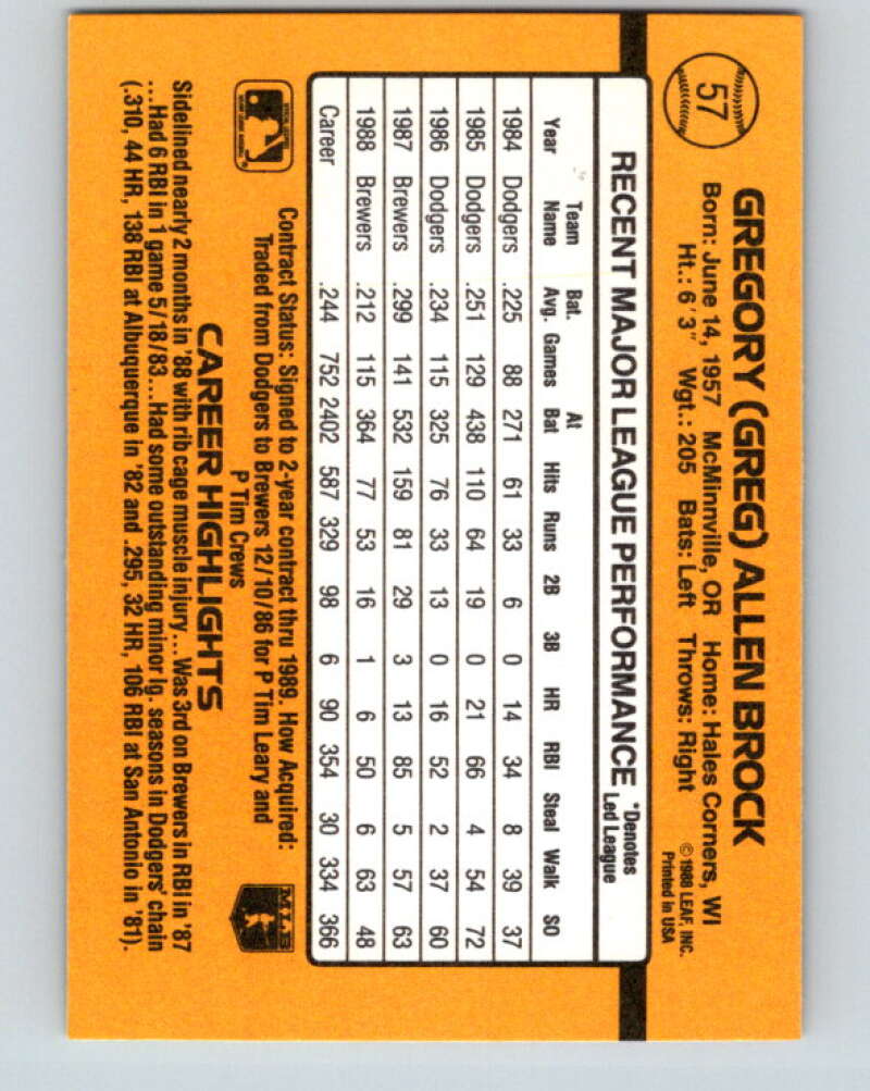 1989 Donruss #57 Greg Brock Mint Milwaukee Brewers Image 2