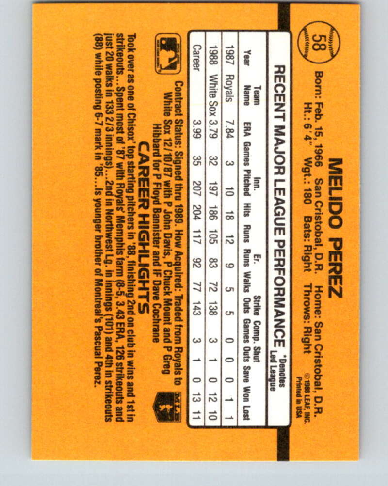 1989 Donruss #58 Melido Perez Mint Chicago White Sox Image 2