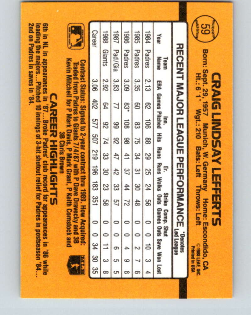 1989 Donruss #59 Craig Lefferts Mint San Francisco Giants