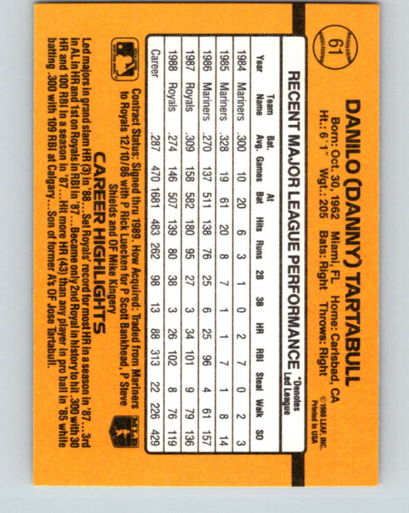 1989 Donruss #61 Danny Tartabull Mint Kansas City Royals Image 2