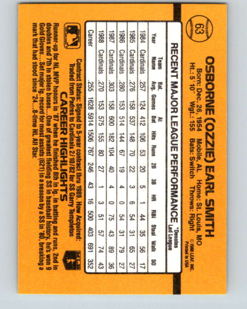 1989 Donruss #63 Ozzie Smith Mint St. Louis Cardinals Image 2