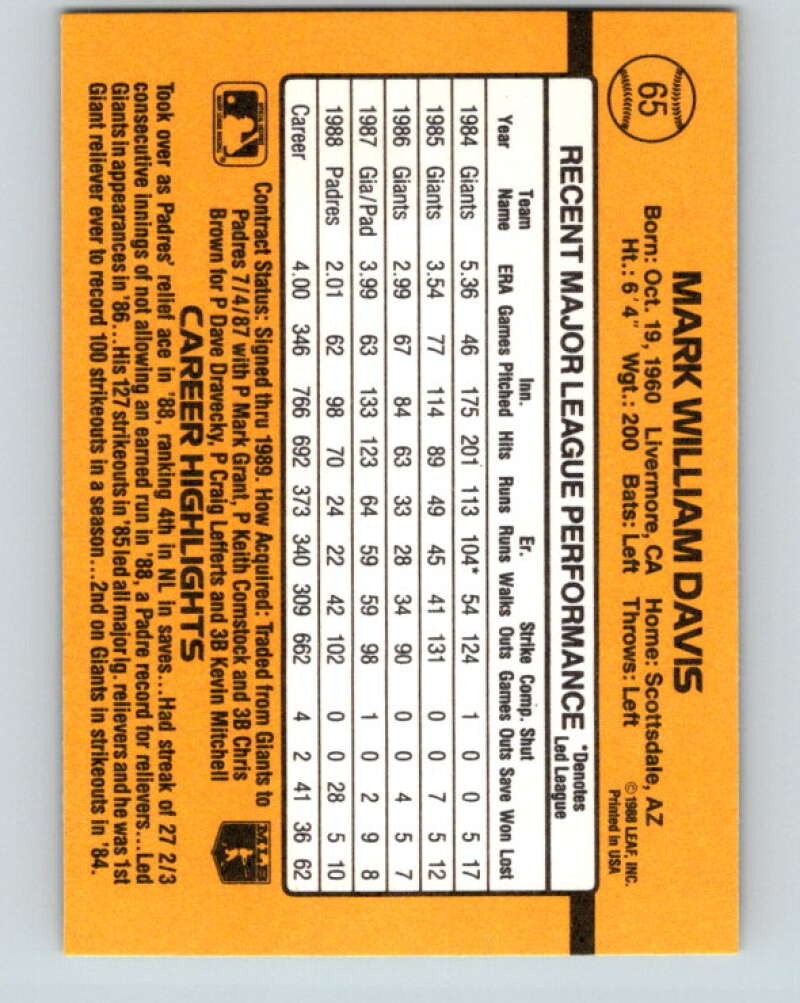 1989 Donruss #65 Mark Davis Mint San Diego Padres Image 2