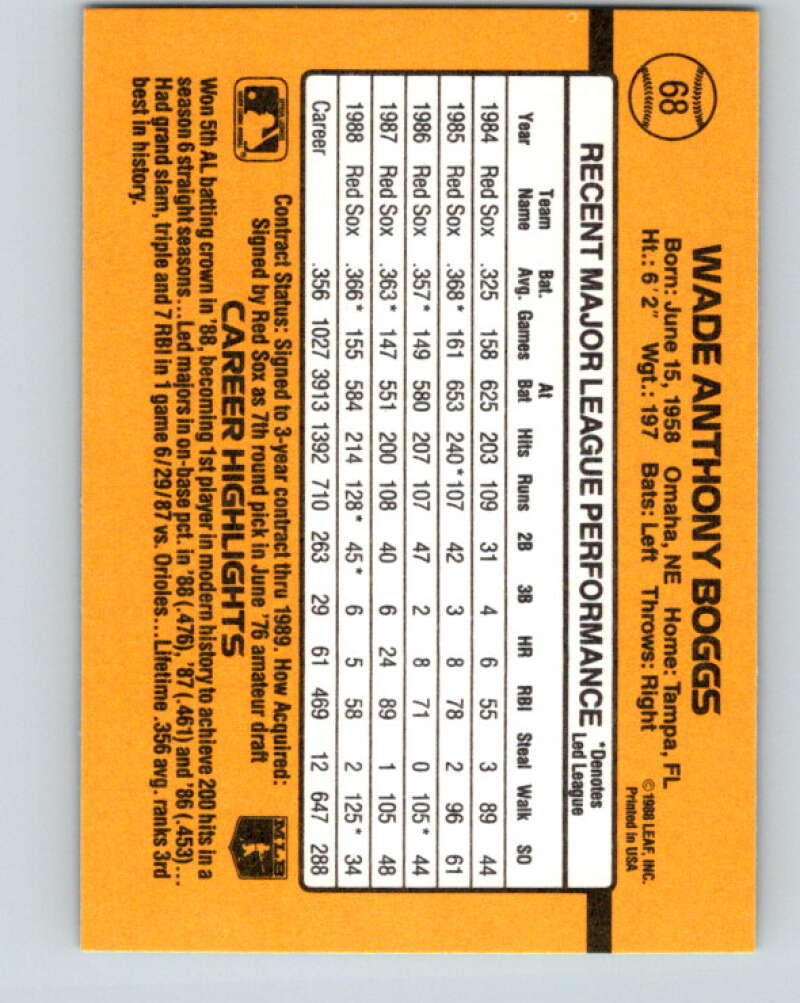 1989 Donruss #68 Wade Boggs Mint Boston Red Sox Image 2