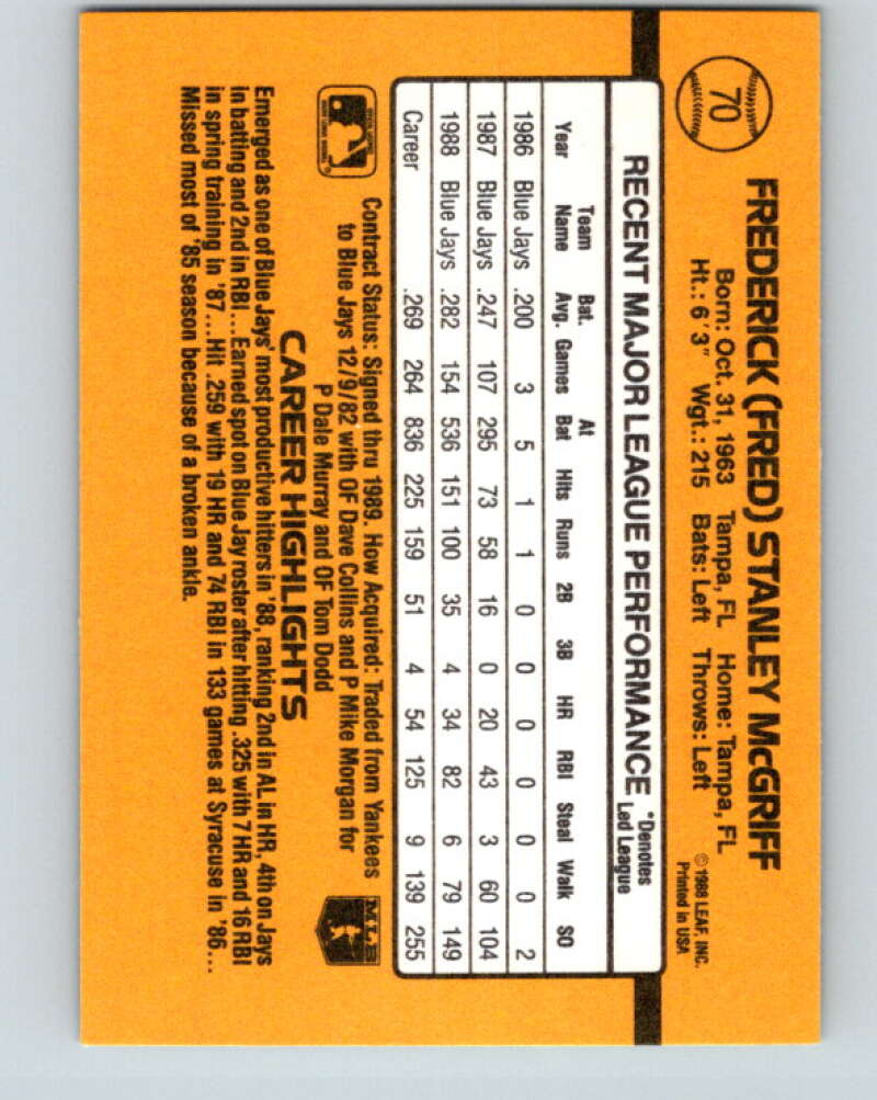 1989 Donruss #70 Fred McGriff Mint Toronto Blue Jays Image 2