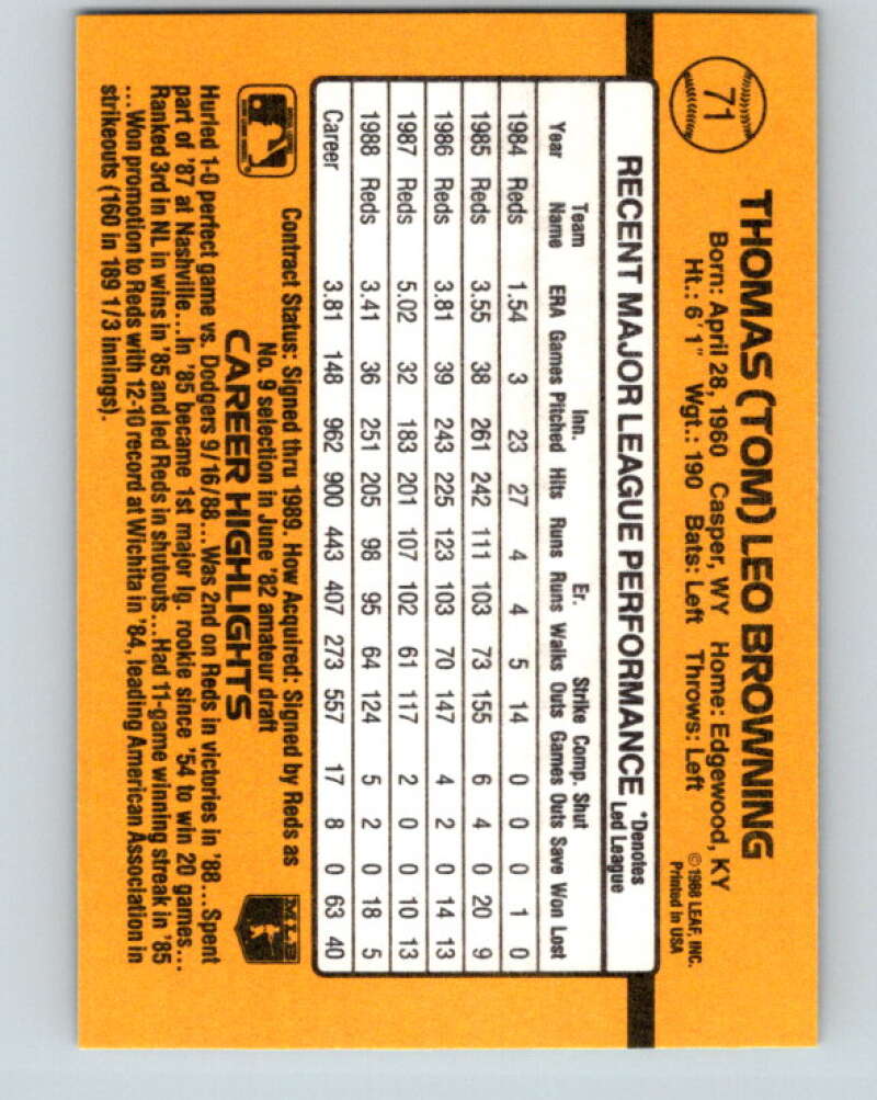 1989 Donruss #71 Tom Browning Mint Cincinnati Reds Image 2