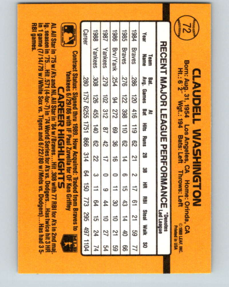 1989 Donruss #72 Claudell Washington Mint New York Yankees Image 2