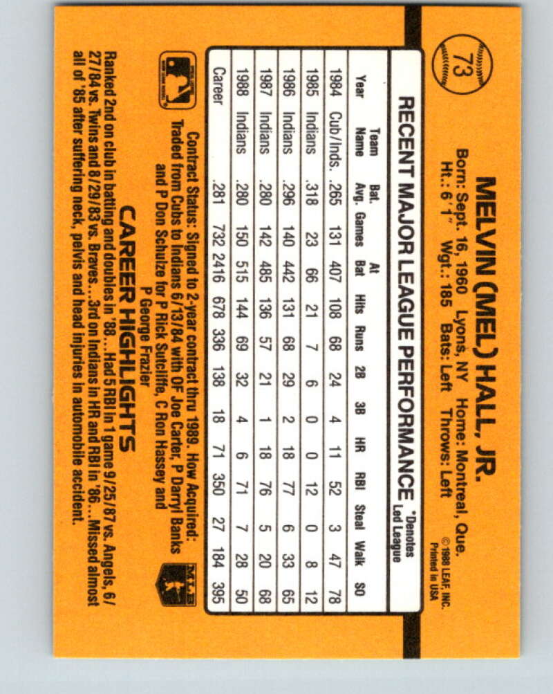 1989 Donruss #73 Mel Hall Mint Cleveland Indians Image 2