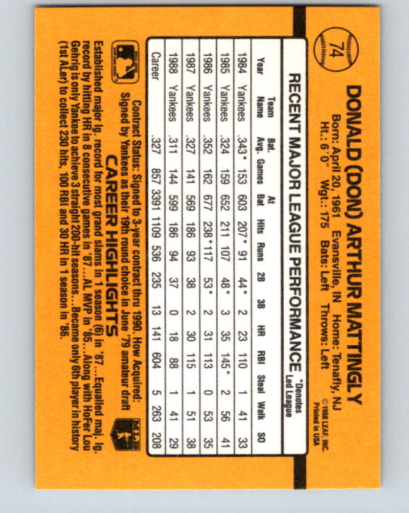 1989 Donruss #74 Don Mattingly Mint New York Yankees Image 2