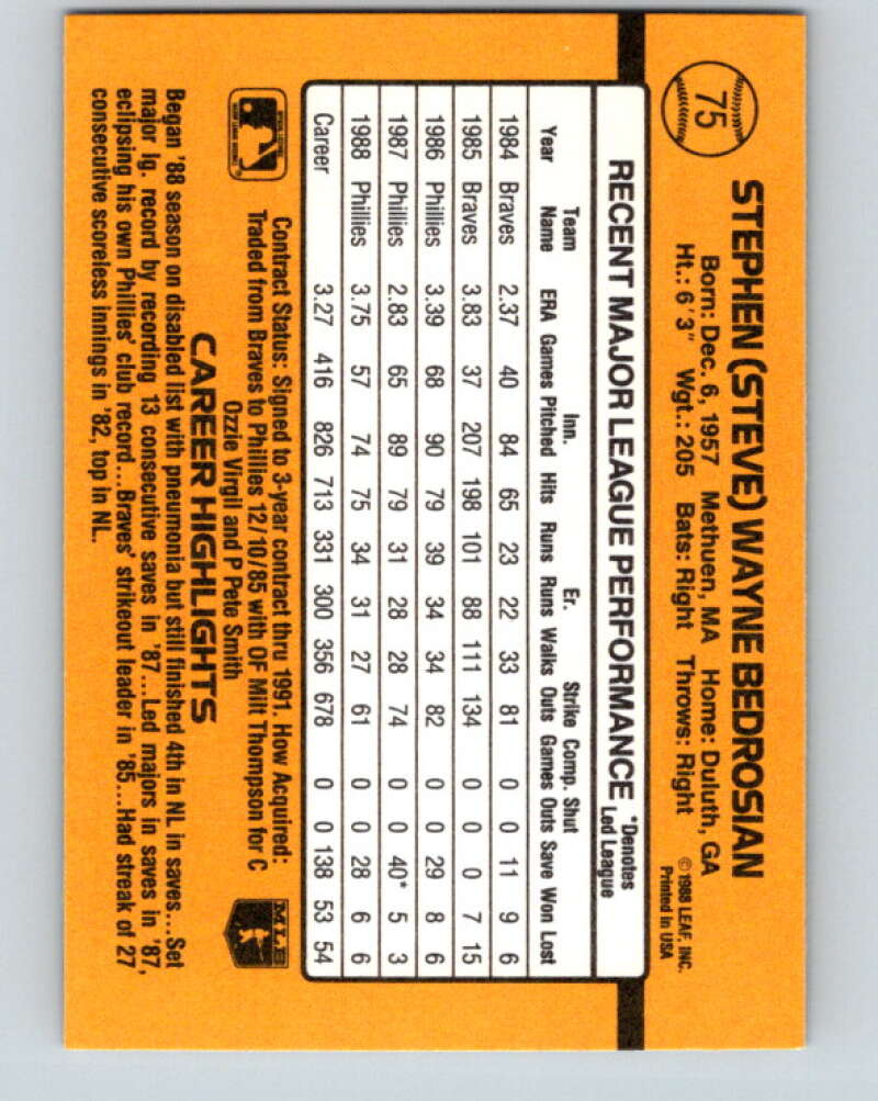1989 Donruss #75 Steve Bedrosian Mint Philadelphia Phillies Image 2